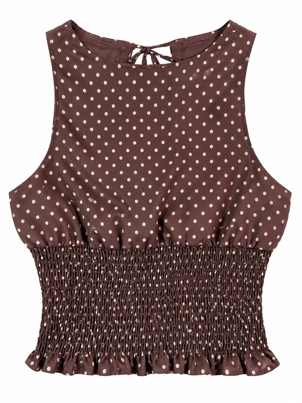 White Fox Brown Polka Dot Smocked Open Back Tank Top Size Small